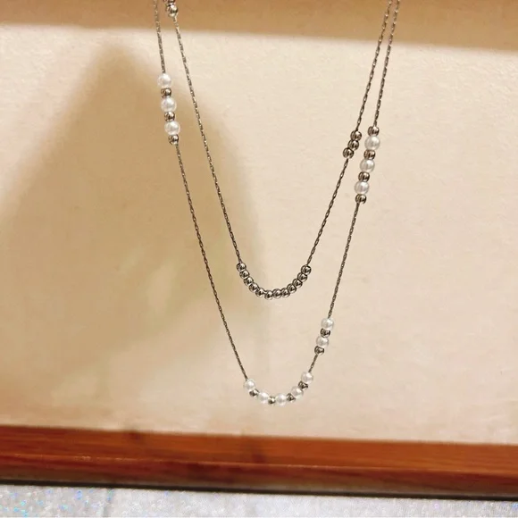 Stainless steel double layer silver tone necklace - Picture 5 of 9